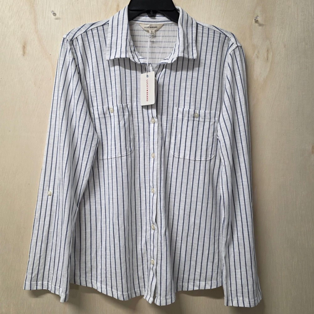 Lucky Brand Womens Blue White Striped Long Sleeve Button Down Shirt Small NEW